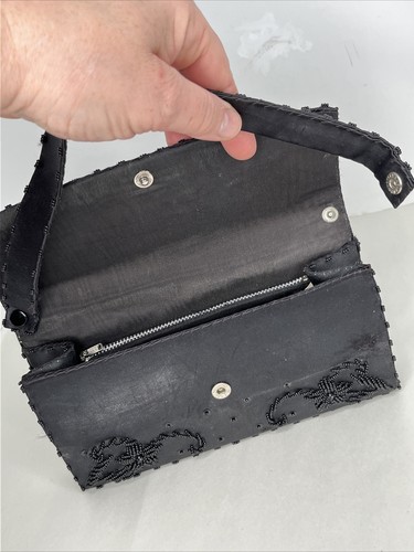 Floral Beaded Black Silk Clutch Hand Bag w Detachable Strap Vintage Hong Kong - Picture 13 of 19
