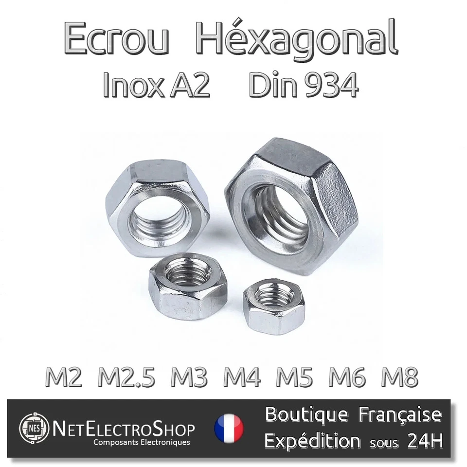 Ecrou Hexagonal HU, Inox A2, Din 934, M2 M2.5 M3 M4 M5 M6 M8, Lot de 5 à 100 pcs