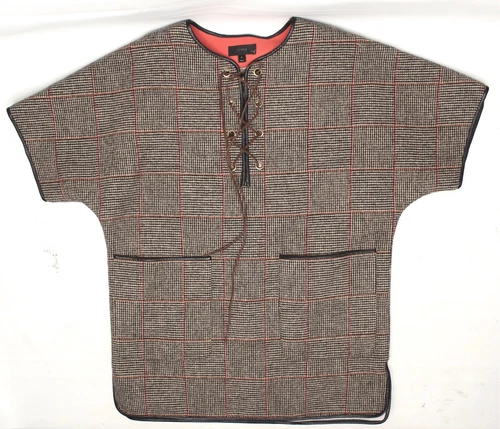 J Crew Smock Coat Tweed Womens 6 Brown Plaid Wool Leather Trim Lace Up Sample