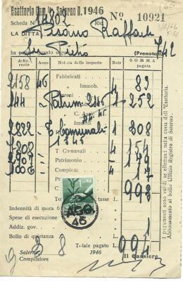 1946 1L DEMOCRATIC USED AS STAMP STAMP ON HEXATORIAL RECEIPT