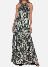 Betsy  Adam Women's Green Metallic Floral Halter Gown Dress Size 8