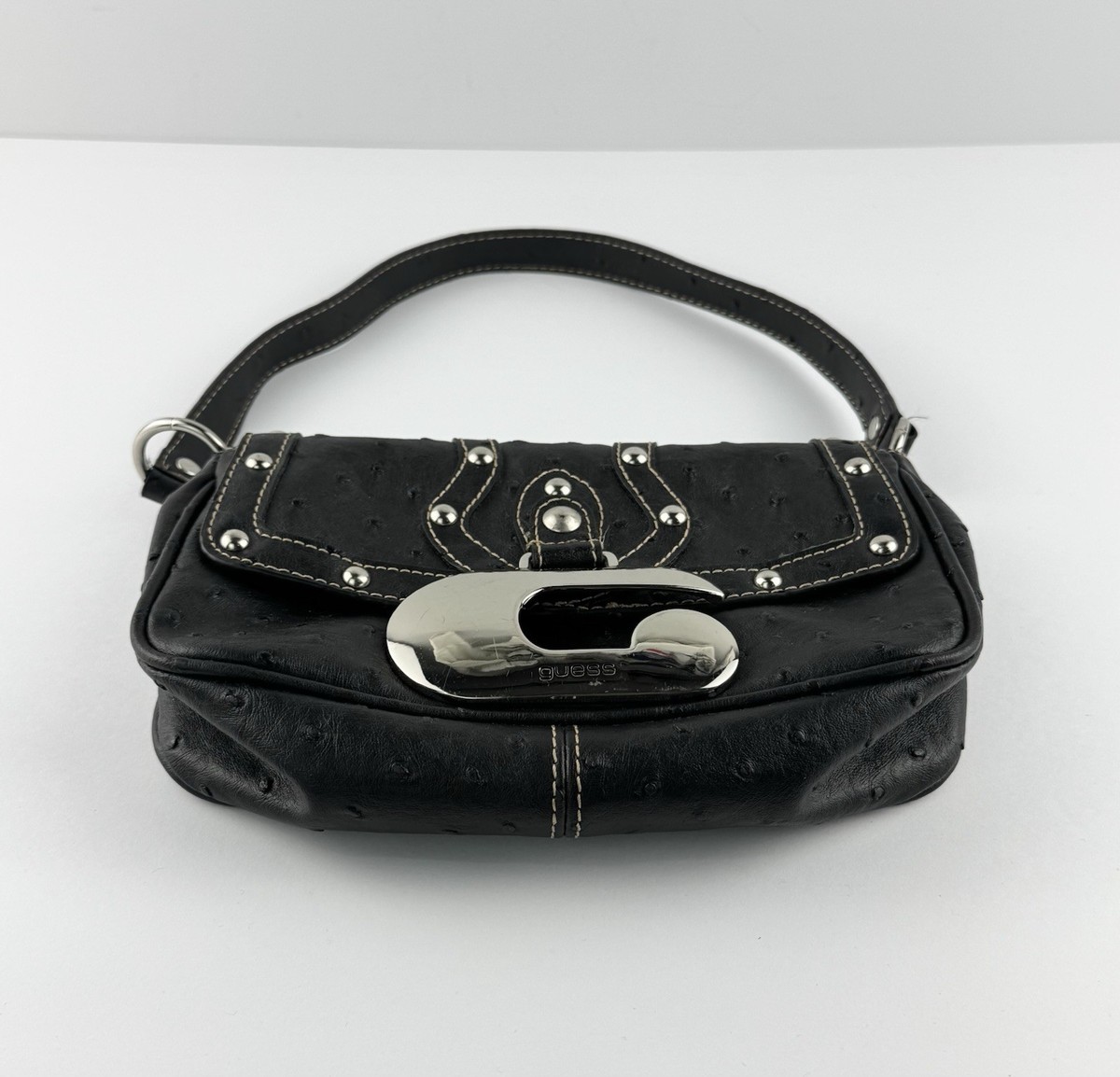 VTG Guess Y2K Black Faux Croc Ostrich Leather Shoulder Bag Studded
