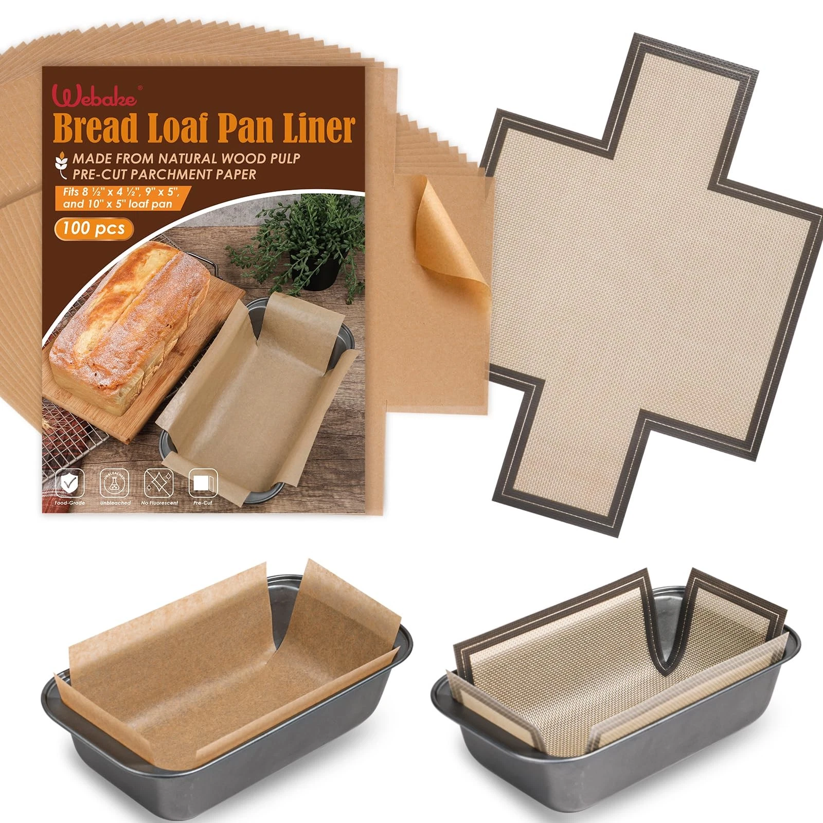 100PCS Unbleached Parchment Paper Loaf Pan Liners with 1 Reusable Silicone Lo...