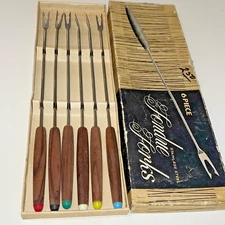 Vintage MCM STAINLESS STEEL Set of 6 FONDUE FORKS w/Wooden Handles Original Box