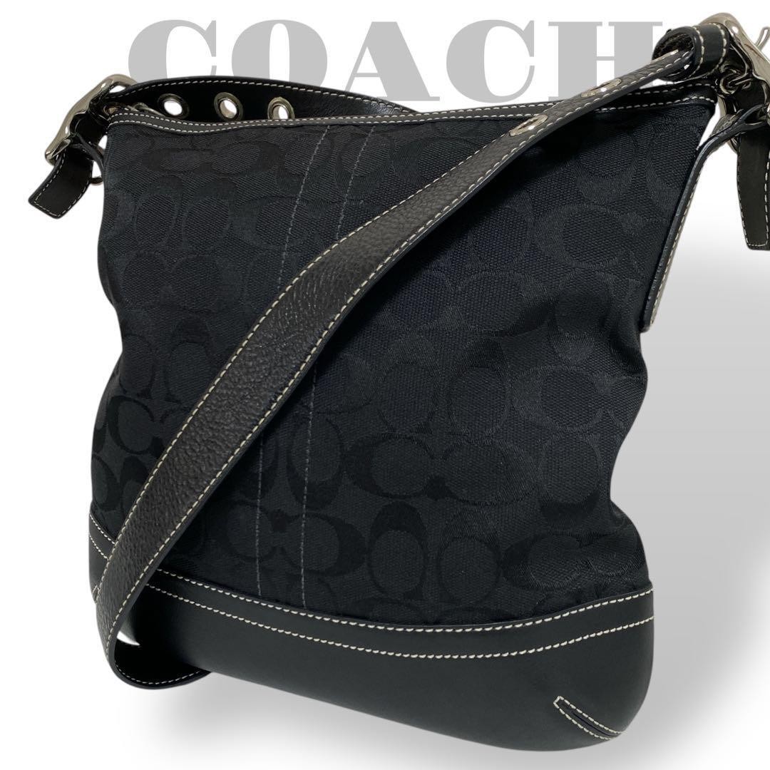 COACH Canvas Shoulder Bag Diagonal Leather Crossbody Black 9