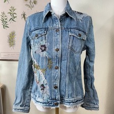90s Y2k Denim Upcycled Lace Floral Beaded Jean Jacket Fairy Grunge Whimsy S M