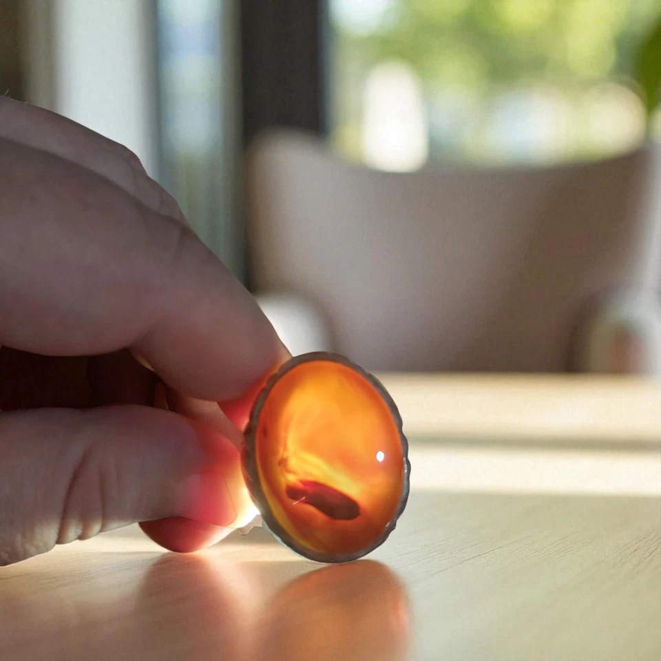 Anello vintage da uomo in argento 925 con agata di fegato yemenita naturale f... - Immagine 2 di 4