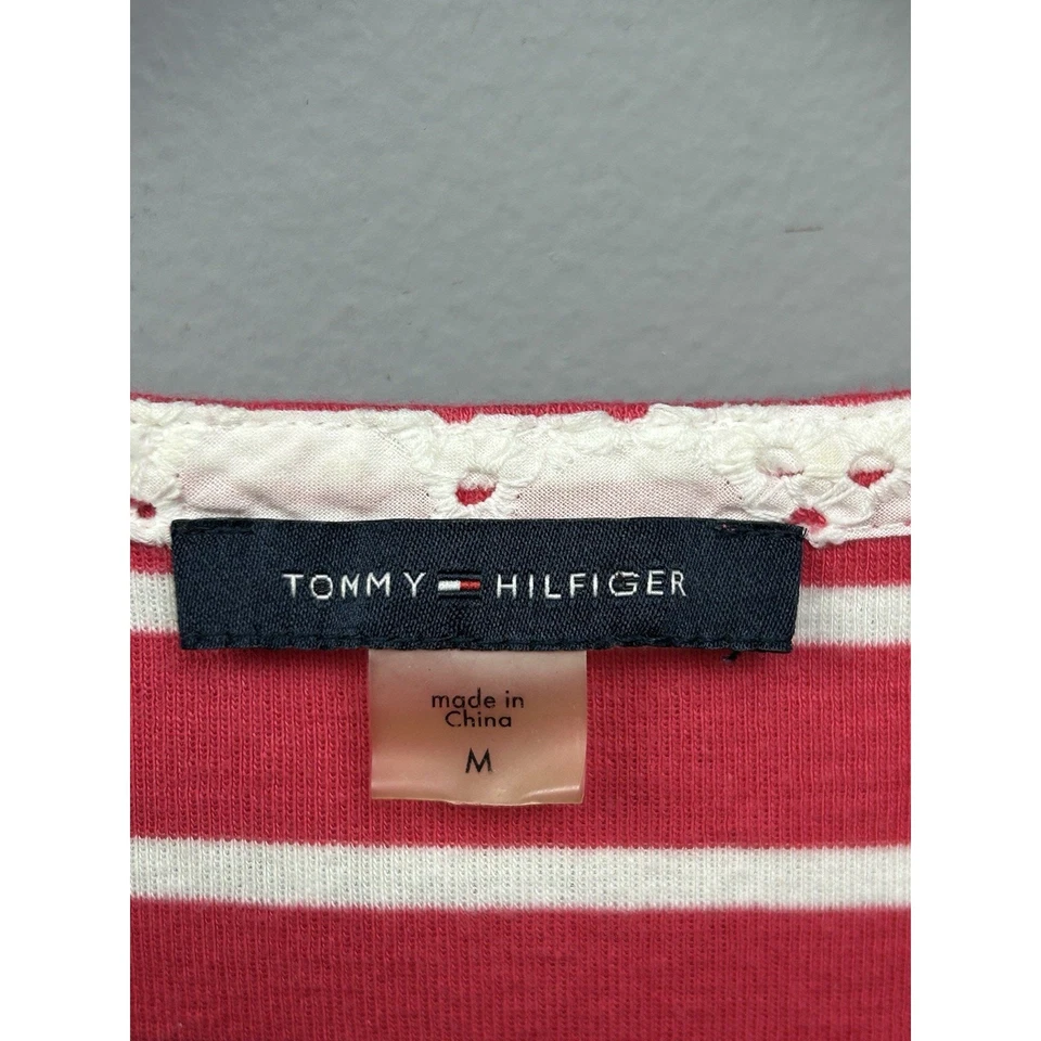 Tommy Hilfiger Striped T-Shirt Shift Dress Womens Medium Pink Eyelet Lace Trim - Image 4 of 4