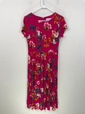 Loft Dress Size 0 Shorts Sleeve Pleated Floral Back Zip Round Neck Pink Midi