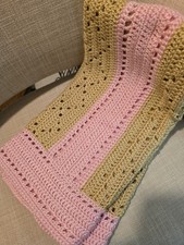 Handmade Crochet Baby Blanket Pink  Tan Afghan Lap Blanket Approx. 36" x 40"