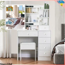 Vanity Desk with Sliding Mirror &Light, Makeup Desk with 6 Drawers, Open Shelves