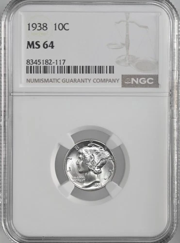 1938-P  10C  MERCURY SILVER DIME  "PHILADELPHIA MINT"  NGC MS64 #8345182-117