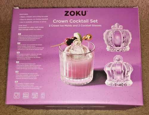 ZOKU Crown Cocktail Set with 2 Large Ice Cube Molds & 2 Whiskey Glasses NOB - Picture 2 of 6