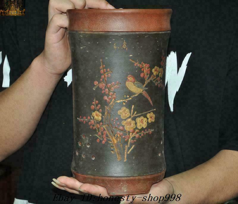 10'' chinese Yixing Zisha Pottery Text Plum blossom Magpie