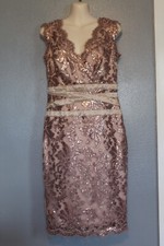 Tadashi Shoji Metallic Rose Gold Sequin Lace Scalloped V Neck Dress Sheath 4