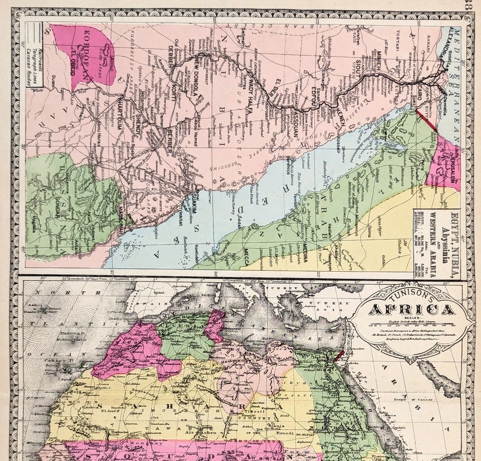 Mapa ÁFRICA - ARABIA OCCIDENTAL 1887 ORIGINAL (20x12) curso del río Nilo y delta Foto 3 de 4