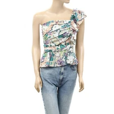 Love The Label Anthropologie One Shoulder Floral Blouse Top Smocked L NEW 260340
