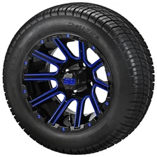 (4) Golf Cart 215/50-12 Street Tires on 12x7 Black/Blue Ball Milled Venom Wheels
