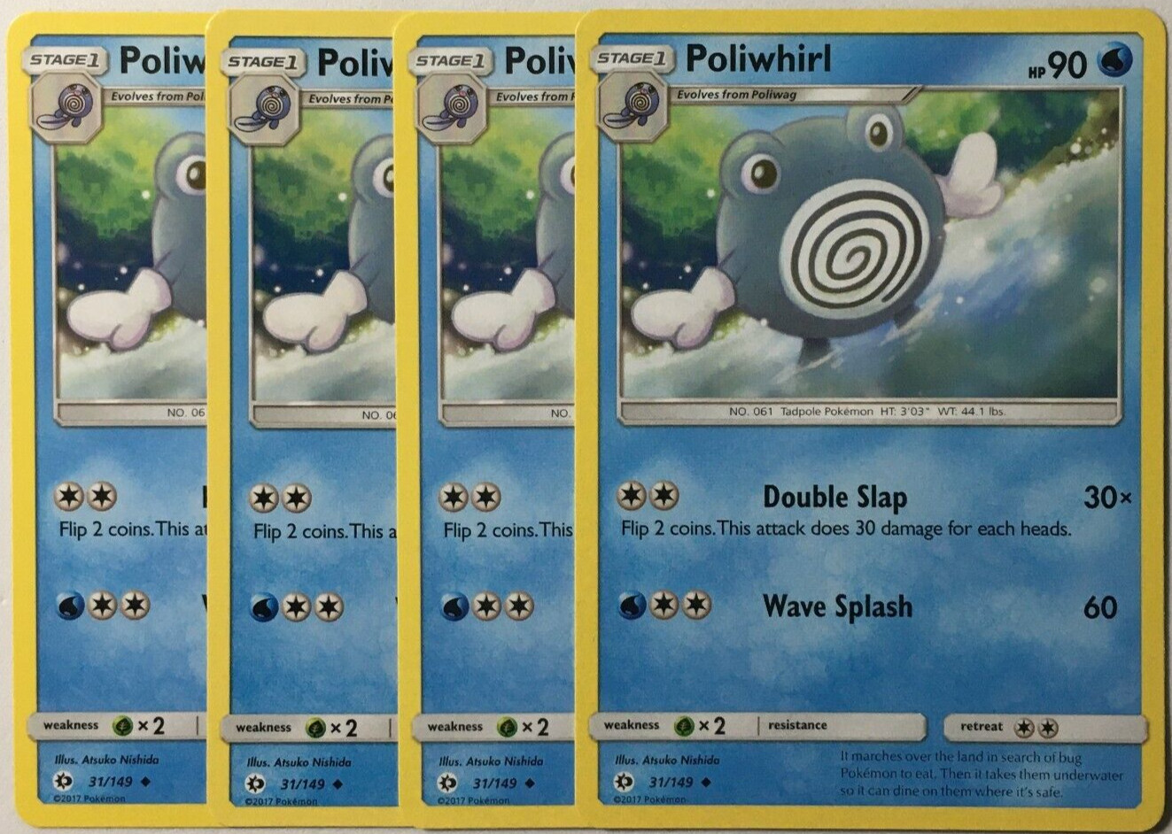POKEMON 4X POLIWHIRL 31/149 SUN & MOON BASE SET UNCOMMON NEAR MINT-PLAYSET