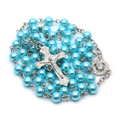 Catholic Necklace Crystal White-Pearl Long Chain White Rosary Catholic Necklace