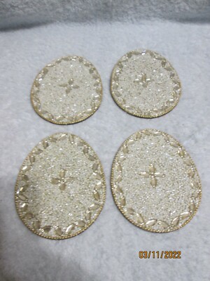 Easter Egg Coasters Set Of 4 White Beading, Gold Trim, Clear Crystals New