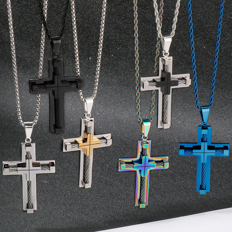 Titanium Steel Mens Cross Pendant Necklace Durable Stainless Steel Jewelry