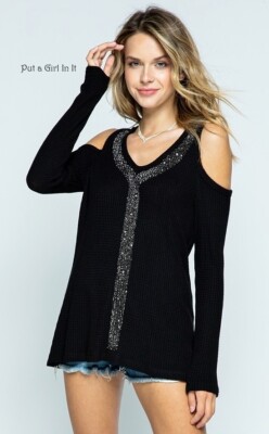 New VOCAL Womens BLACK CRYSTAL SOFT COLD SHOULDER BOHO TUNIC SHIRT S M L XL USA