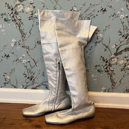 John Richmond Overknee Silber Leder Stiefel Größe 38 EU / 7,5 US