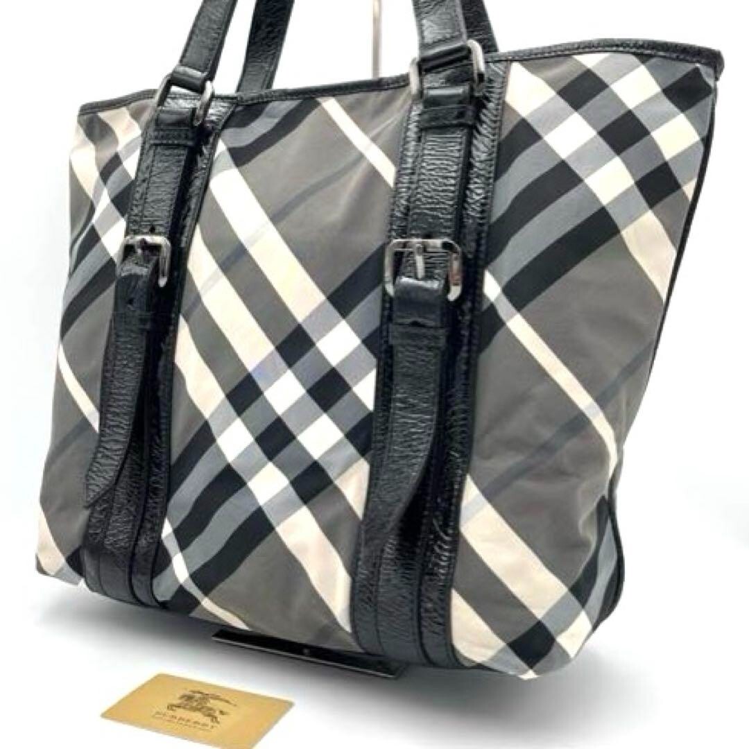 Burberry Tote Bag Beat Check Nylon Patent Leather Grey Black