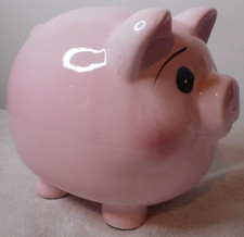 Pink Pig Coin Bank 6 3/4 Piggy Blue Eyes Rosy Cheeks Big Chunky Round NO Stopper