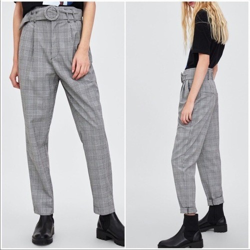 Zara Plaid Pleated High Waist Paperbag Pants Trouser Size XS | eBay