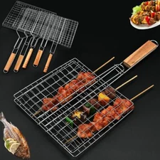 BBQ Grill Basket Stainless Steel Grilling Baskets Long Handle BBQ Rack Meat  USA