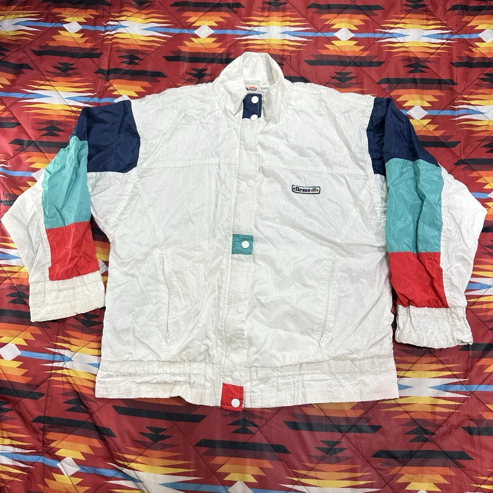 Vintage Ellesse Windbreaker Jacket Men's Medium White Blue & Red Track Full Zip - Image 3 of 4