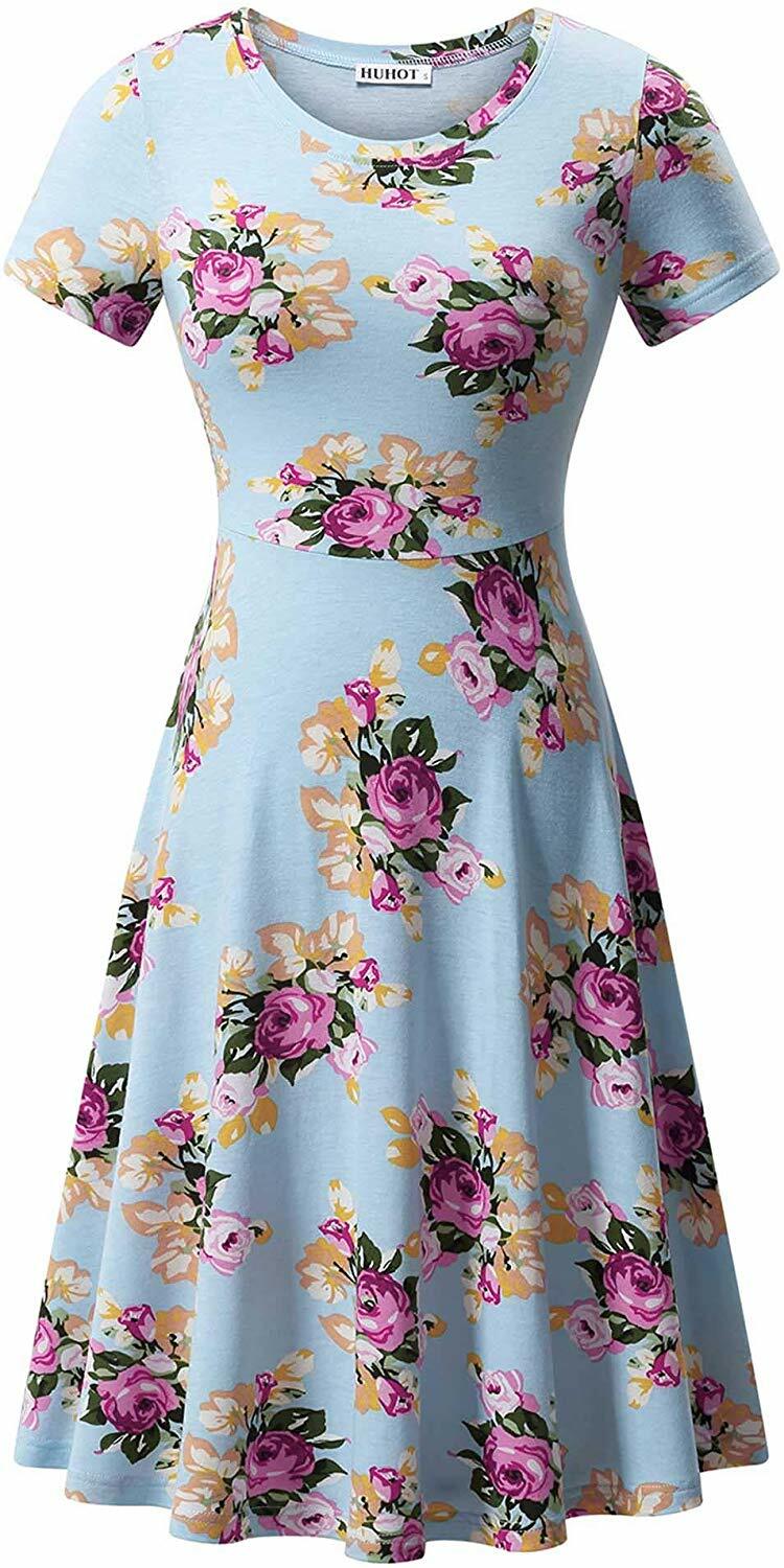 huhot women short sleeve round neck summer casual flared midi dress
