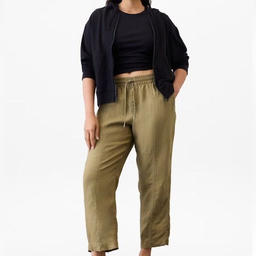 Athleta Leinenhose Damen M Retreat High Rise Ankle oliv Zweig grün Gummizug
