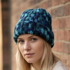 Beanie Hat Ribbed with Cuff Converts To Slouch Hand Crochet One Size Siesta Blue