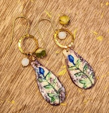 Handcrafted Rustic Blue Flower On Light Yellow Clay In Gold Plated Drop Earrings