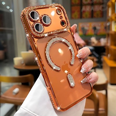 Fr iPhone 17 Pro Max 16 15 14 13 Mag Safe Case Glitter Diamond Camera Lens Cover