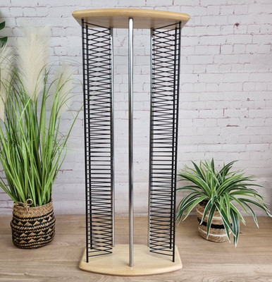 Vintage CD Rack 2 Ebenen Turm Halter 100 Disc Aufbewahrung Holz, schwarzer Draht & Chrom