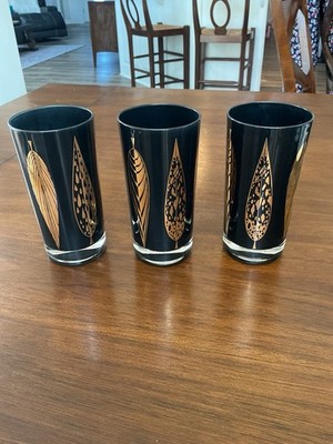 Vintage Fred Press Cocktail Glasses Highball SIGNED Black Leaves 22k gold