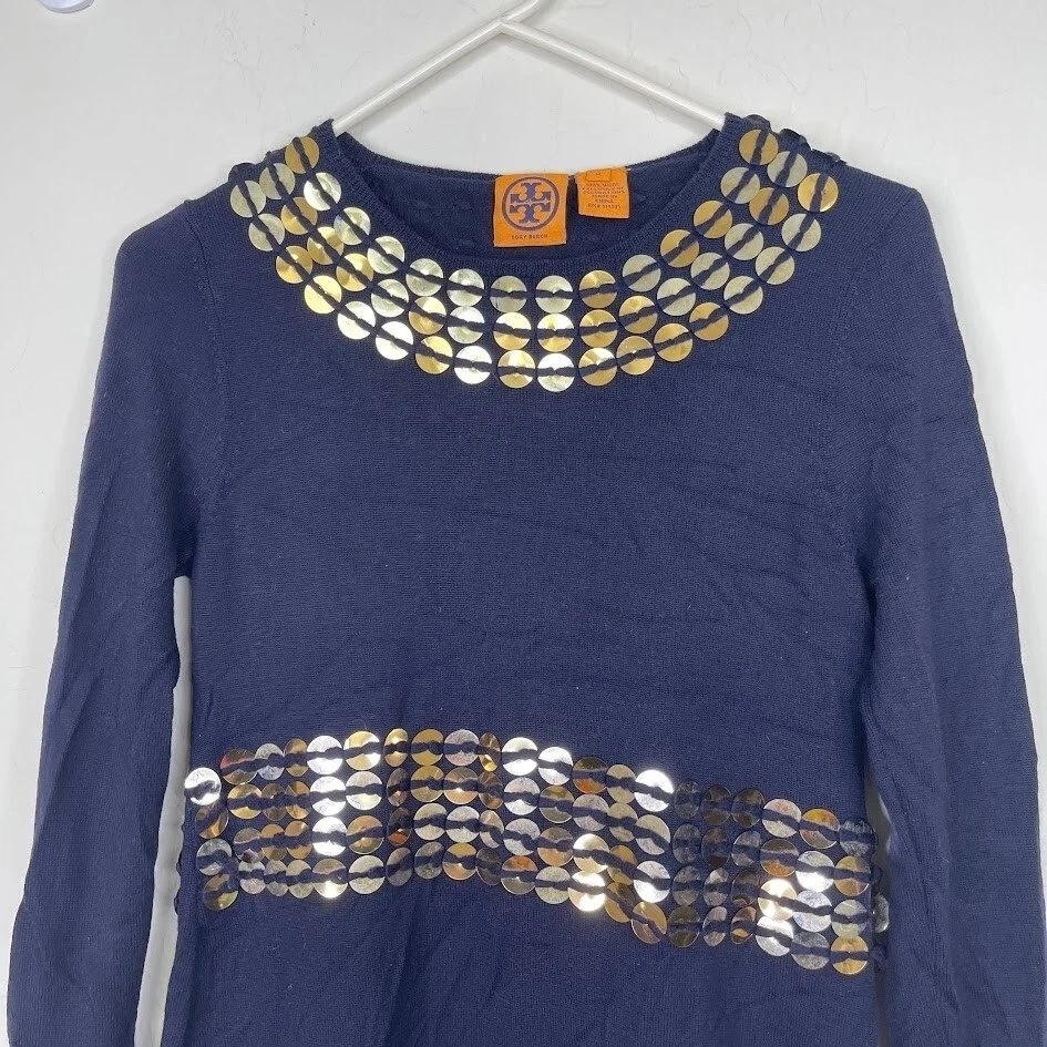 Tory Burch Wool Sequin Long Sleeve Sweater Dress Navy Blue Career Party Size M - Image 3 of 4
