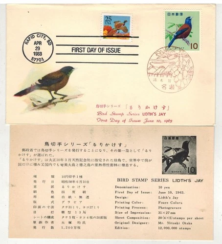 USA 25c PHEASANT #2283 DUAL FDC & JAPAN BIRD SERIES LIDTH'S JAY & TEXT CARD