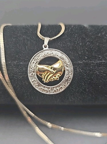 Vintage Gold Silver Tone Pendant Two Hand Religious Faith Silver 925 Necklace