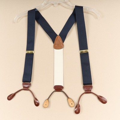 Vintage Tommy Hilfiger Suspenders Navy Ribbon Leather Button On Brass England