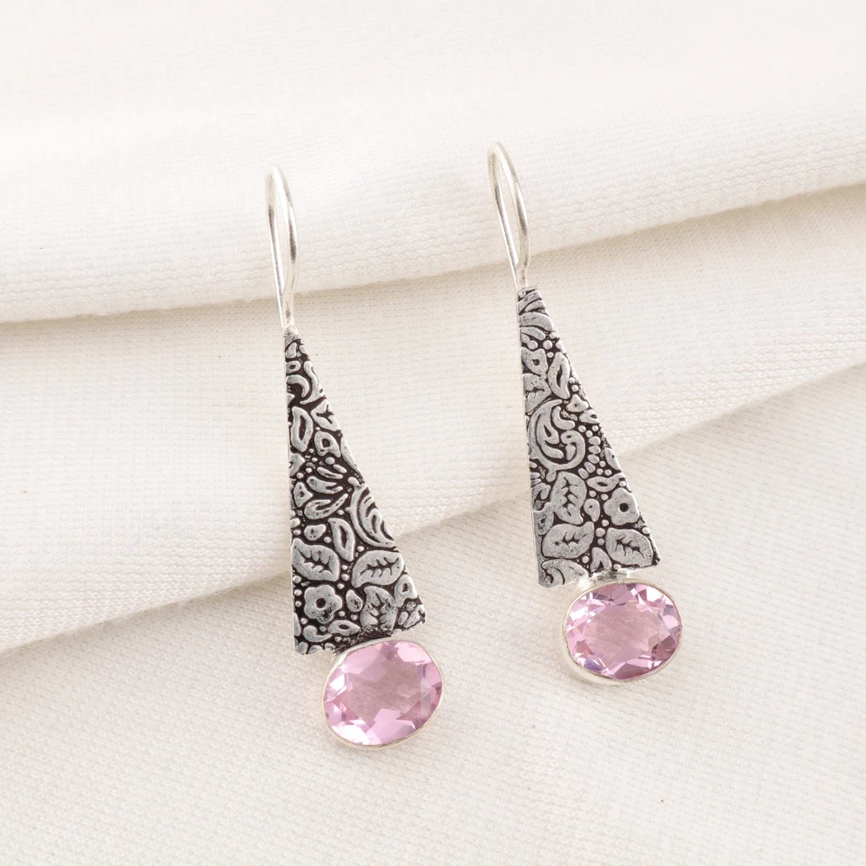 Ювелирные серьги ручной работы из стерлингового серебра 925 пробы с розовым кунцитом 1,90 дюйма - Изображение 3 из 4