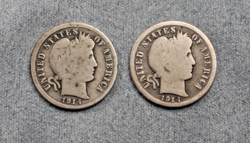 Lot of 2: Barber Head Silver Dimes 1914-P & 1914-D Nice Details