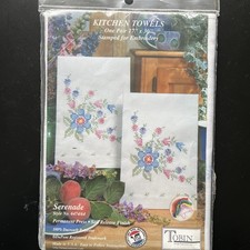 VTG TOBIN Craft Serenade Floral Kitchen Towels Stamped for Embroidery 17  X 30  