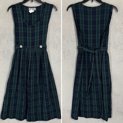 Vintage Green Tartan Plaid Midi Jumper Dress Size 8 P Tie Back Academia Fall 90s - Picture 12 of 13
