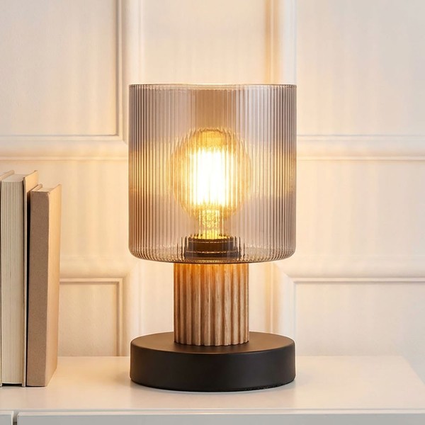 Tischleuchte Tischlampe Holz Schlafzimmerleuchte Leselampe Glas Rauch H 21 Cm-image