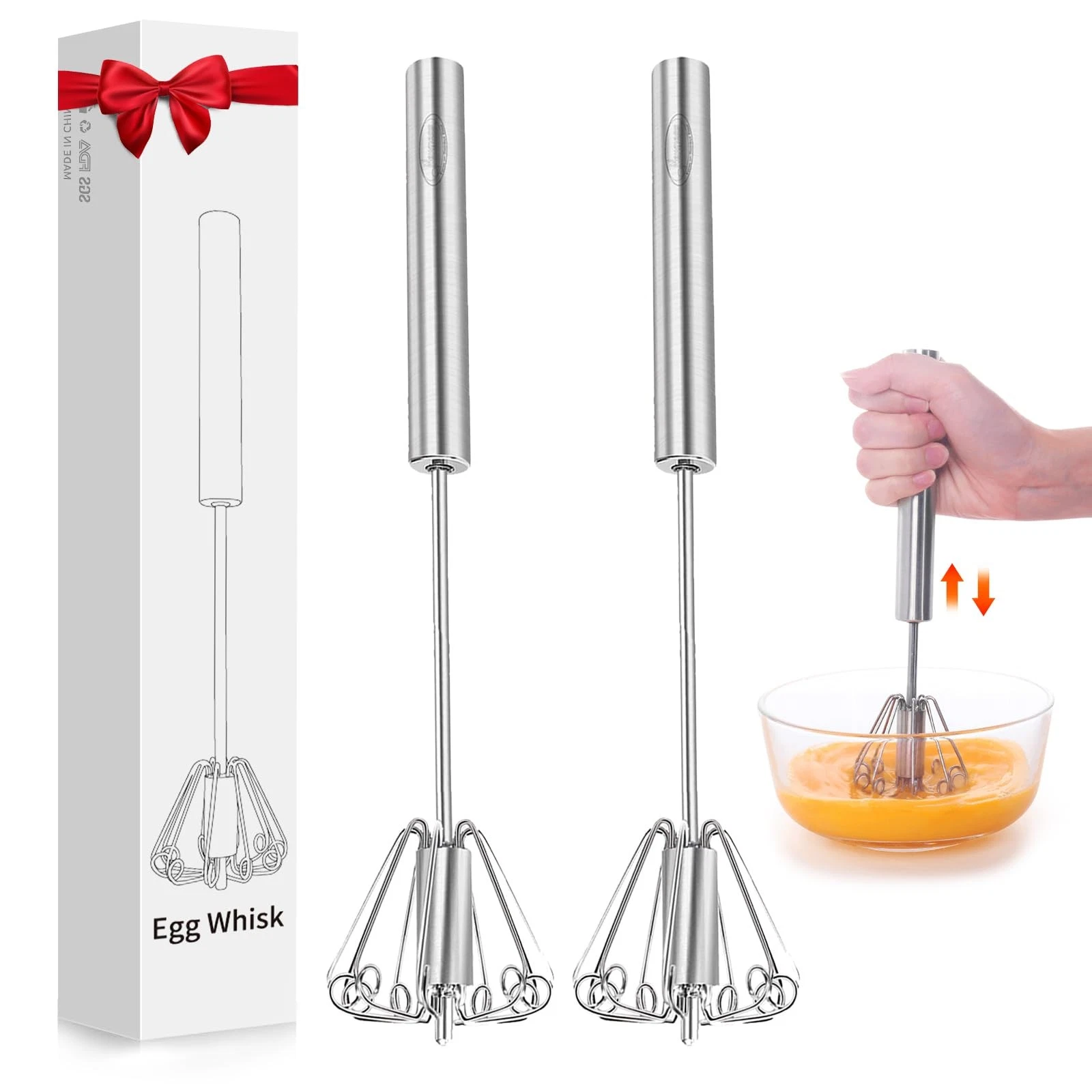 Egg Whisk, [2 Pack 10 Inch] Stainless Steel Hand Push Whisk Blender for Home ...
